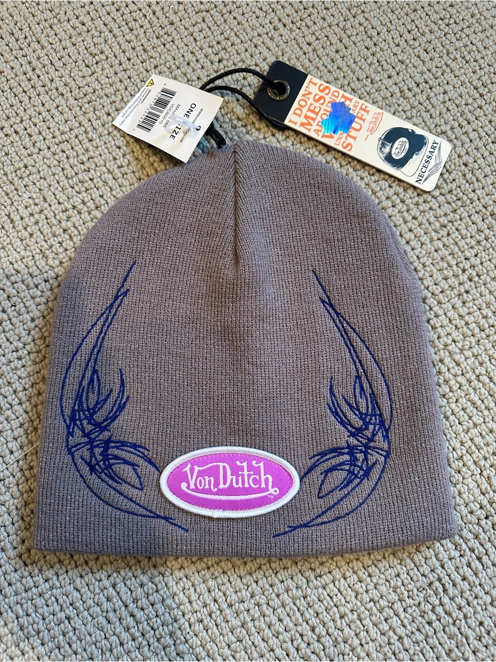 Von Dutch Gray/Mauve Beanie with Pink Logo and Blue Embroidery